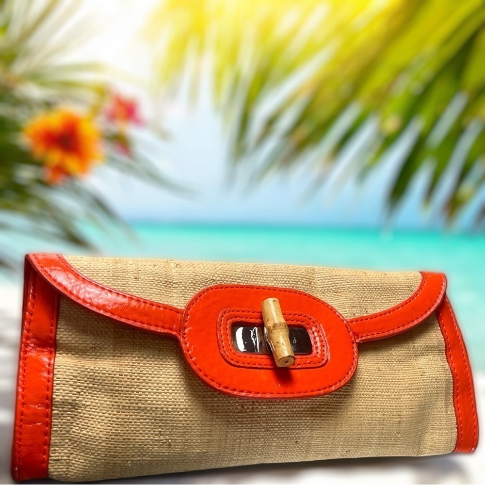 Sondra Roberts Tangerine Orange and Beige Canvas Shoulder Bag Clutch Purse